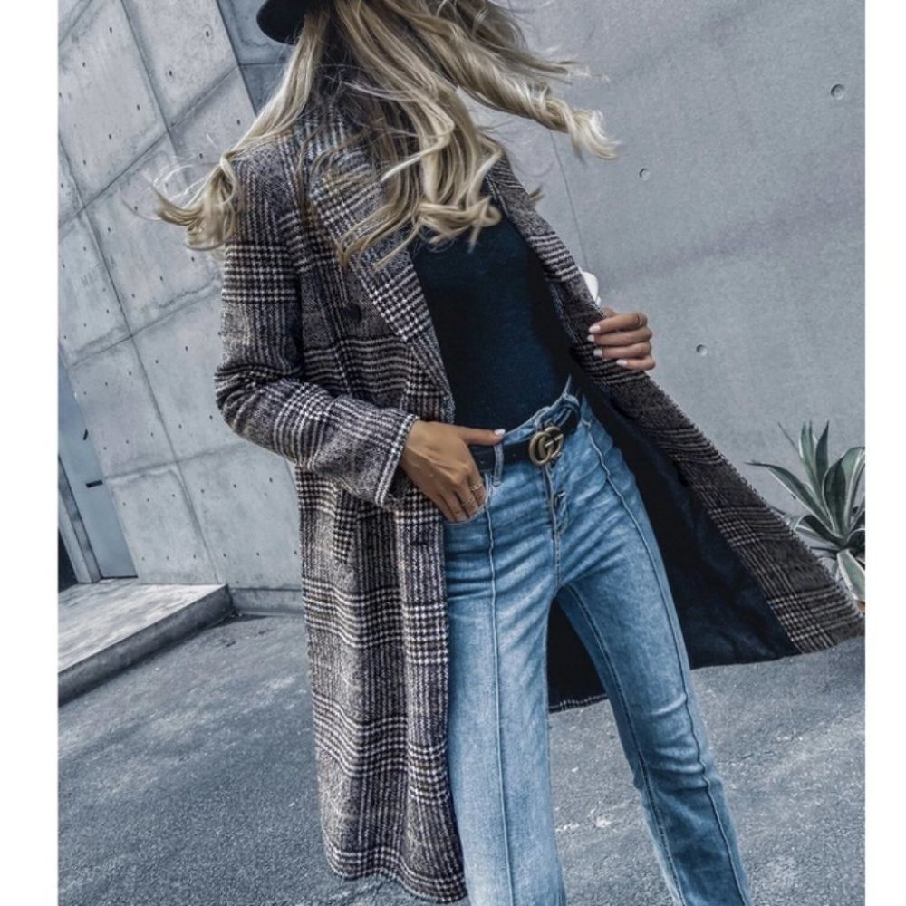 plaid Print Double Breasted Pea Overcoat jacket fall/winter - Picture 10 of 15